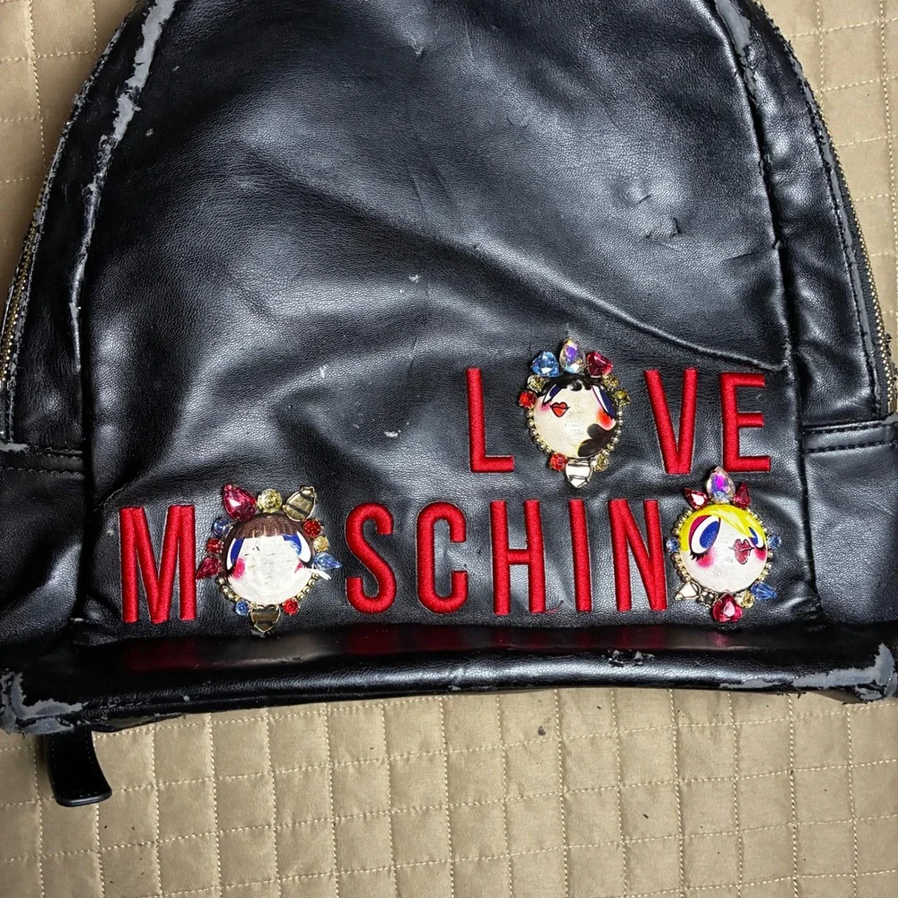 Love‎ Moschino Black Faux Leather Backpack Jeweled Patches Red Logo AS IS Repair